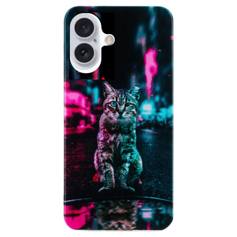 iPhone 16 Plus-fodral Mjukt flexibelt bakstycke för telefon med mönsterutskrift - Trafikljus Katt