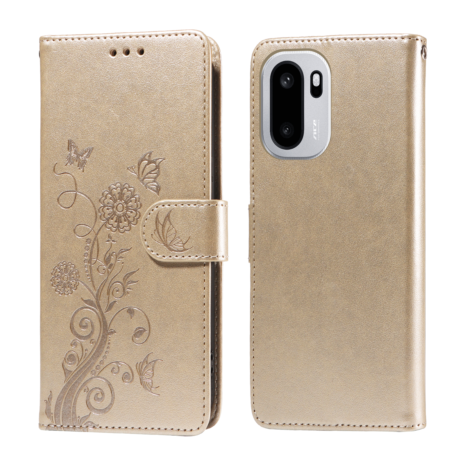 OnePlus 15R 5G / Ace 6T 5G / Ace 6 5G Läderfodral Butterfly Floral Imprint Wallet Stand Cover - Gyllene