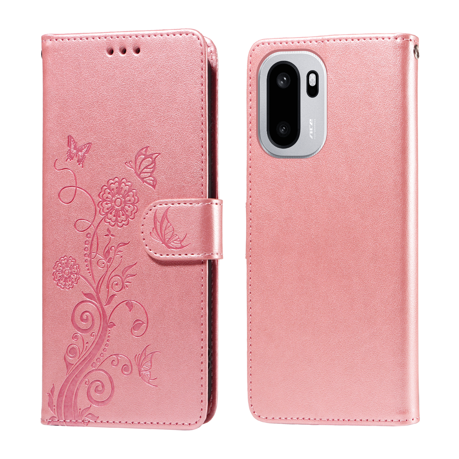 OnePlus 15R 5G / Ace 6T 5G / Ace 6 5G Läderfodral Butterfly Floral Imprint Wallet Stand Cover - Rosa