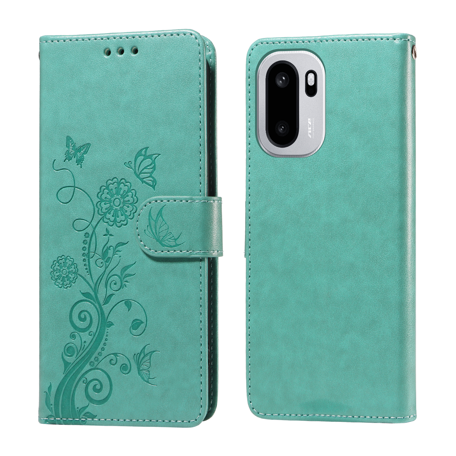 OnePlus 15R 5G / Ace 6T 5G / Ace 6 5G Läderfodral Butterfly Floral Imprint Wallet Stand Cover - Grön