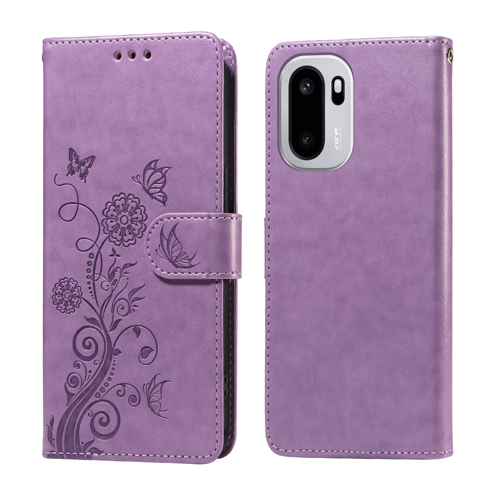 OnePlus 15R 5G / Ace 6T 5G / Ace 6 5G Läderfodral Butterfly Floral Imprint Wallet Stand Cover - Lila