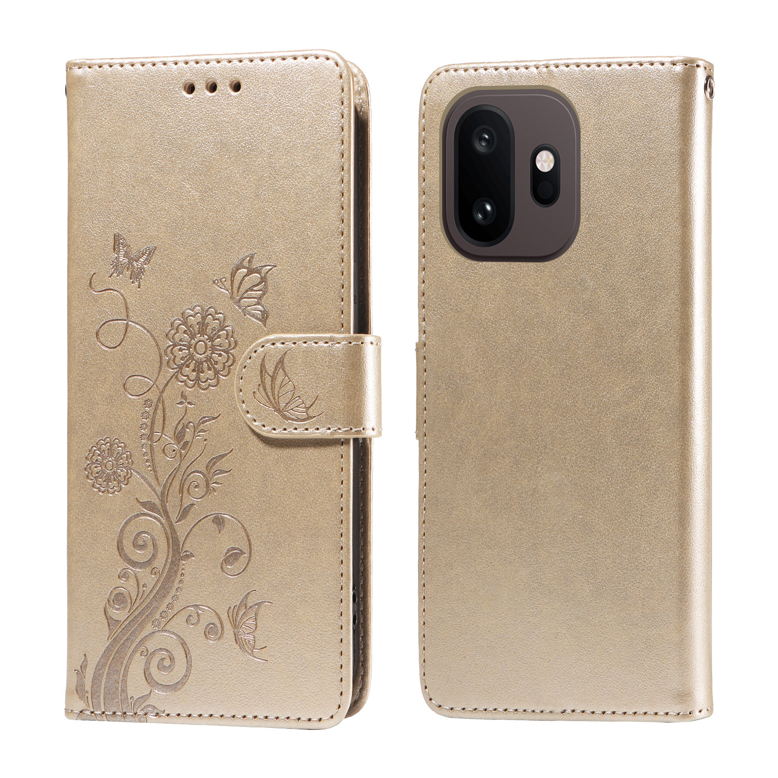 OnePlus 15T 5G läderfodral med fjärils- och blommönster, plånboksfunktion och stativ - Gyllene