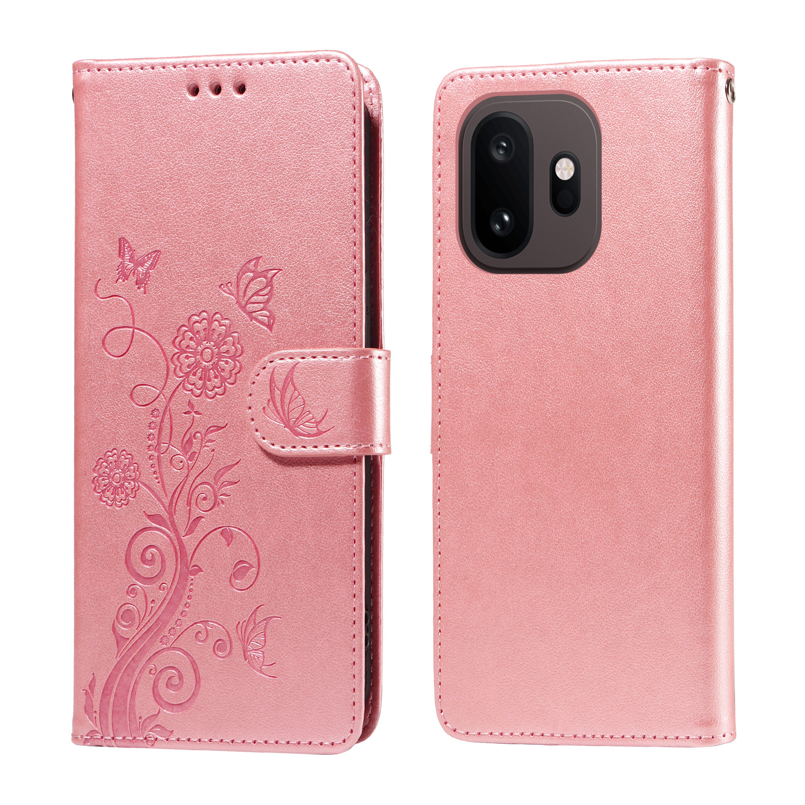 OnePlus 15T 5G läderfodral med fjärils- och blommönster, plånboksfunktion och stativ - Rosa