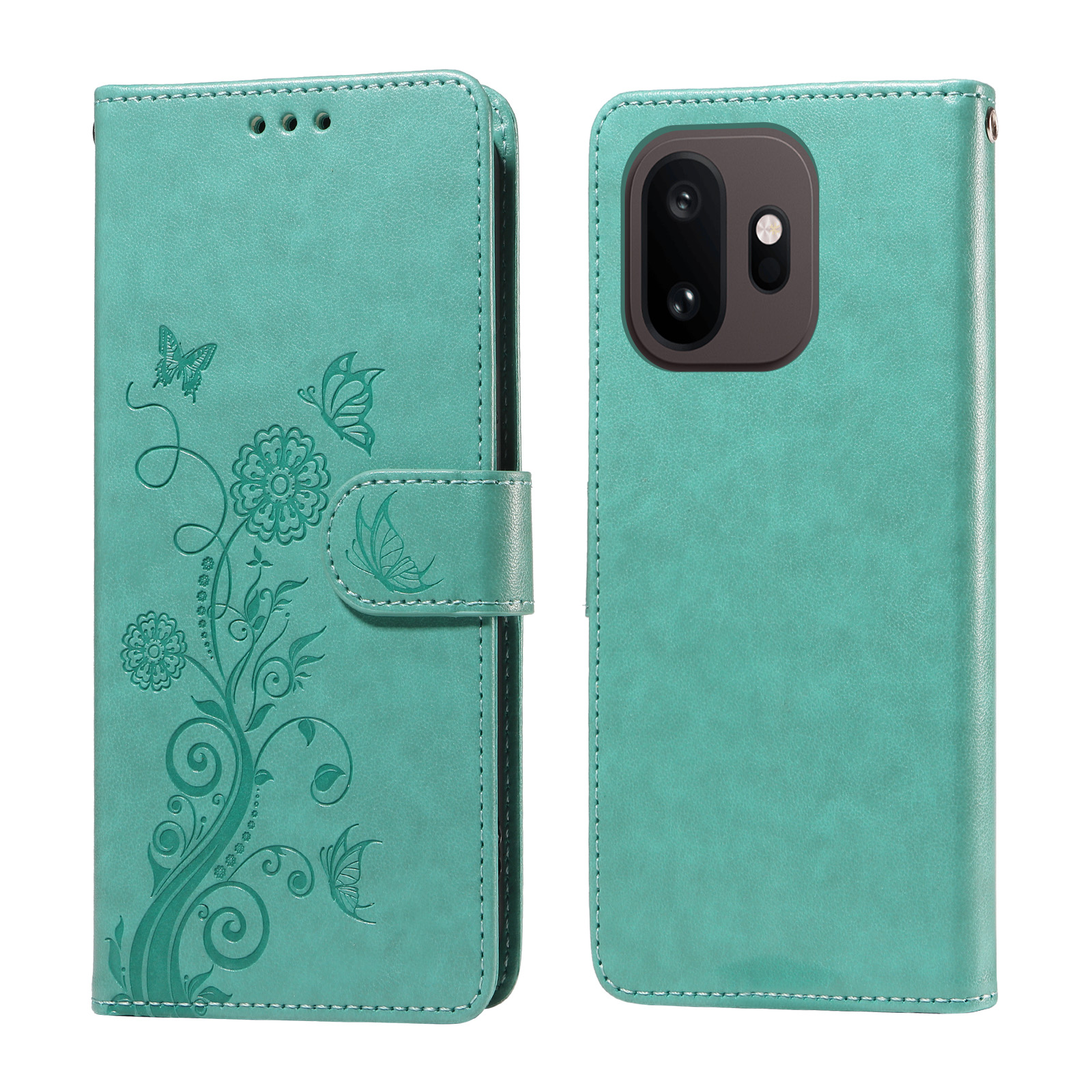 OnePlus 15T 5G läderfodral med fjärils- och blommönster, plånboksfunktion och stativ - Grön