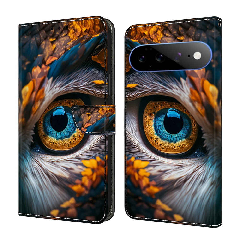 Google Pixel 11 / Pixel 11 Pro plånboksfodral med mönstertryck i veganskt läder och utfällbart stativ - Blå Ögon
