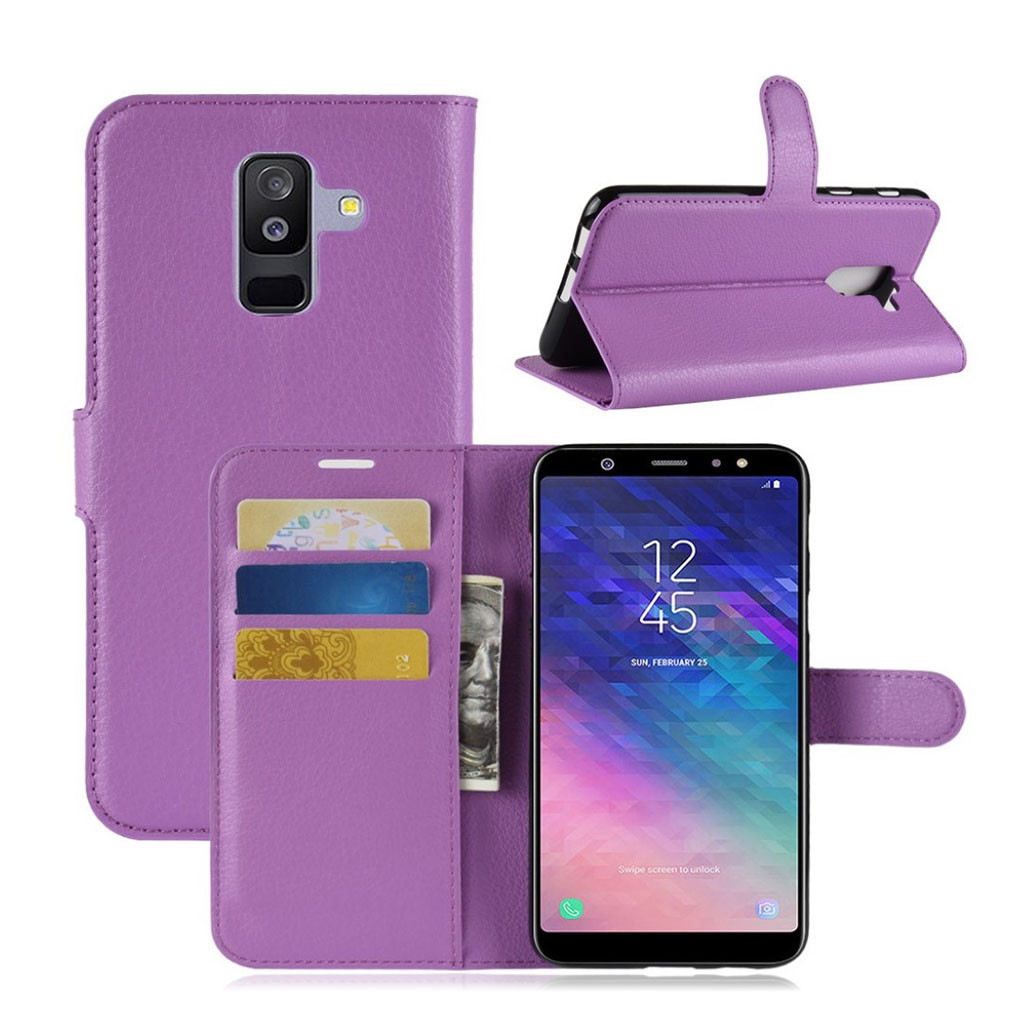 Samsung Galaxy A6 Plus (2018) mobilfodral PU läder skyddande korthållare sedelförvaring stående läge - Lila