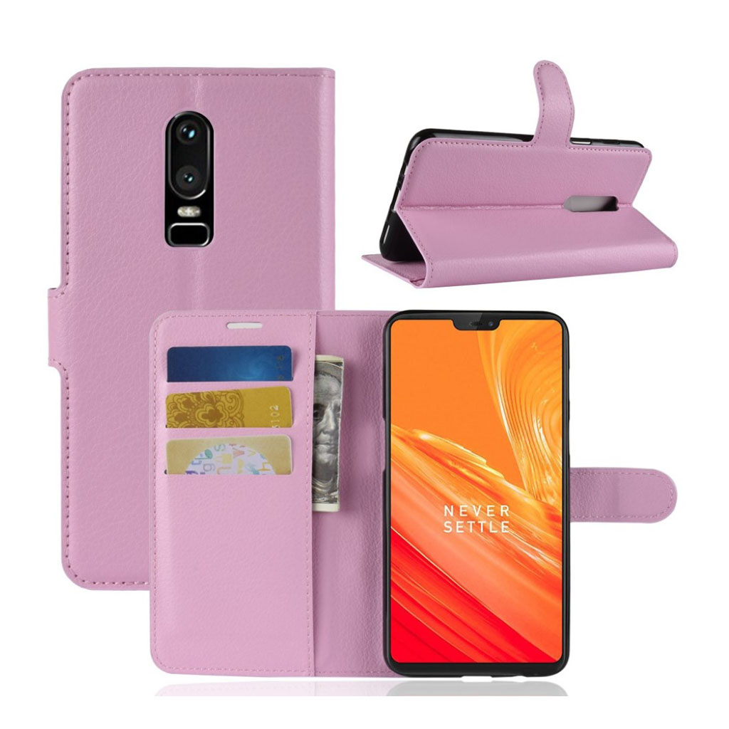 OnePlus 6 mobilfodral PU läder skyddande stående läge plånbok litchi textur - Rosa