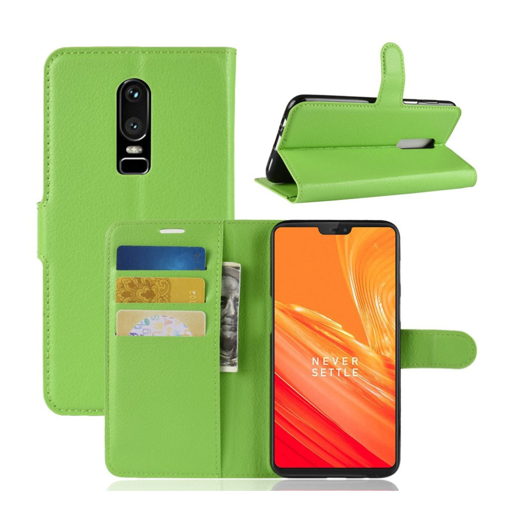 OnePlus 6 mobilfodral PU läder skyddande stående läge plånbok litchi textur - Grön
