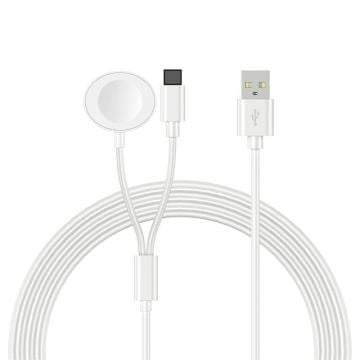 100 cm USB till iP / Apple Watch Oval trådlös laddningsdocka 2-i-1-laddningskabel - Vit