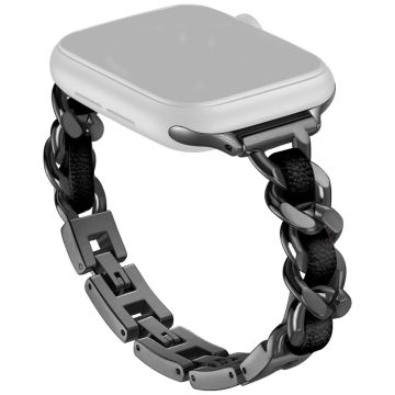 Apple Watch Series 41mm - 40mm - 38mm Klockarmband Zinklegering+Läderarmband - Svart + Svart