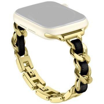 Apple Watch Series 41mm - 40mm - 38mm Klockarmband Zinklegering+Läderarmband - Guld + Svart