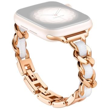 Apple Watch Series 41mm - 40mm - 38mm Klockarmband Zinklegering+Läderarmband - Roséguld + Vit