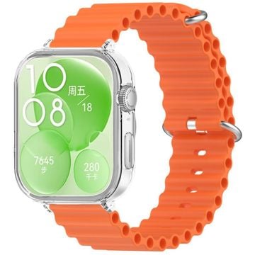 Huawei Watch Fit 3 Silicone Strap Sports Watch Band with Transparent Bump Resistant Case - Orange