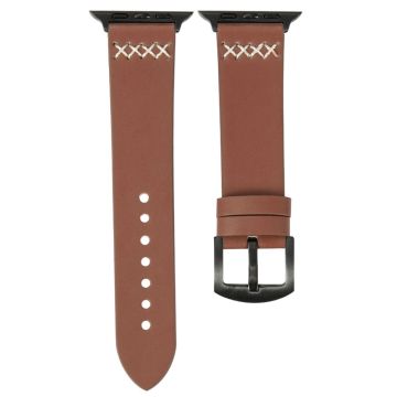 KALEBOL Apple Watch Series 41mm - 40mm - 38mm Cross-Stitch Leather Watch Strap - Brown