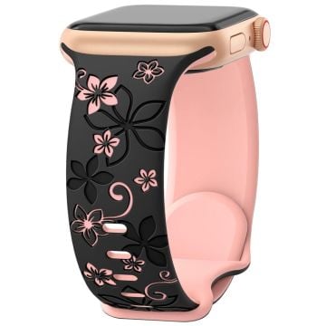 Apple Watch Series 49mm - 45mm - 44mm - 42mm Silicone Floral Band - Black  /  Pink