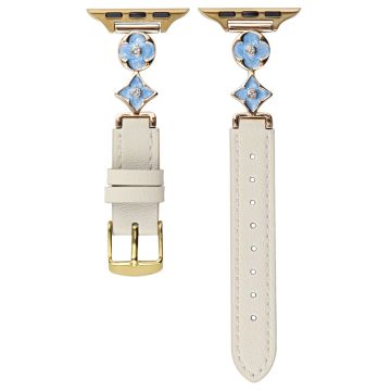 Apple Watch Series 41mm - 40mm - 38mm Leather Watch Band with Floral Connector - White / Blue Gold