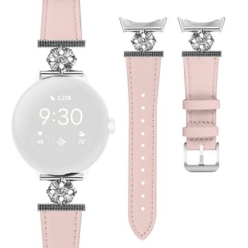 Google Pixel Watch 2 Watch Band Genuine Cow Leather Flower Decor Adjustable Strap - Pink