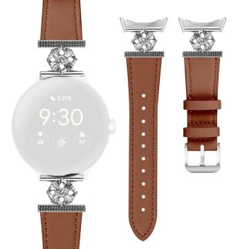 Google Pixel Watch 2 Watch Band Genuine Cow Leather Flower Decor Adjustable Strap - Brown