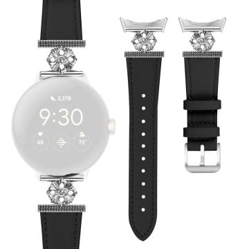 Google Pixel Watch Genuine Cow Leather Band Flower Decor Adjustable Strap - Black