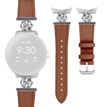 Google Pixel Watch Genuine Cow Leather Band Flower Decor Adjustable Strap - Brown