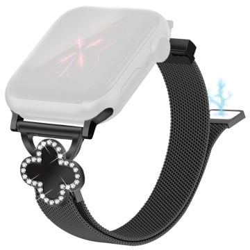 Milanese Band Apple Watch Series 10 42mm / Series 9 8 7 41mm / SE (2023) SE (2022) SE 6 5 4 40mm / 3 2 1 38mm Watch Strap with Clover Connector, Size: S - Black