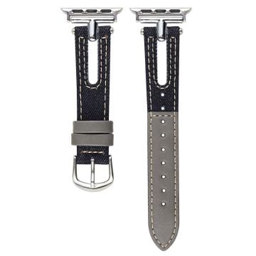 Denim and Leather Watch Strap Watch Band Apple Watch Series 10 42mm - Black+Grey