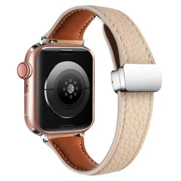 Leather Watch Band Watch Band Apple Watch Series 10 42mm Litchi Texture Strap with Folding Buckle - Apricot