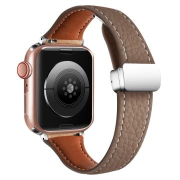 Leather Watch Band Watch Band Apple Watch Series 10 42mm Litchi Texture Strap with Folding Buckle - Dark Tan