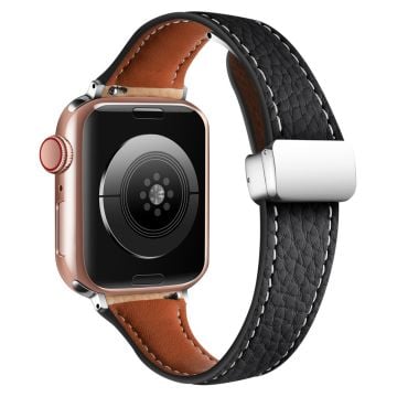 Leather Watch Band Watch Band Apple Watch Series 10 42mm Litchi Texture Strap with Folding Buckle - Black