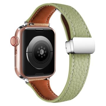 Leather Watch Band Watch Band Apple Watch Series 10 42mm Litchi Texture Strap with Folding Buckle - Avocado Green