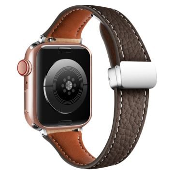 Leather Watch Band Watch Band Apple Watch Series 10 42mm Litchi Texture Strap with Folding Buckle - Coffee