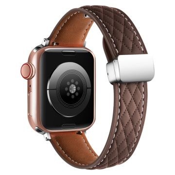 Leather Watch Band Watch Band Apple Watch Series 10 42mm Rhombus Texture Strap with Folding Buckle - Coffee