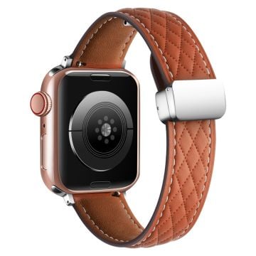 Leather Watch Band Watch Band Apple Watch Series 10 42mm Rhombus Texture Strap with Folding Buckle - Brown