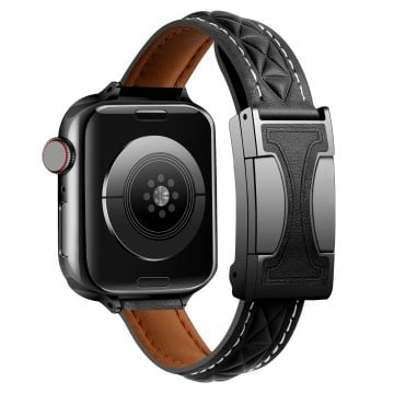 Genuine Leather Watch Band Watch Band Apple Watch Series 10 42mm Strap with Magnetic Double C Buckle - Black