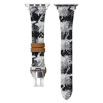 Wool and Leather Strap Watch Band Apple Watch Series 10 42mm Houndstooth Pattern - Black+White