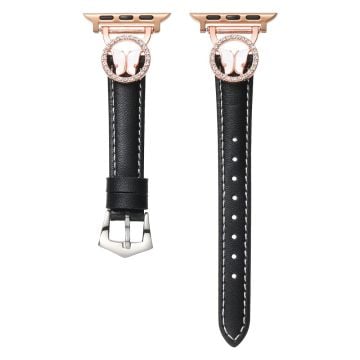 Leather Strap Apple Watch Series 10 42mm Rhinestone Butterfly Band - Black+Rose Gold Buckle