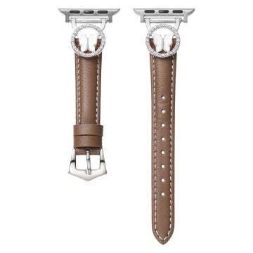 Leather Strap Apple Watch Series 10 42mm Rhinestone Butterfly Band - Coffee+Silver Buckle