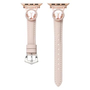 Leather Strap Apple Watch Series 10 42mm Rhinestone Butterfly Band - Beige+Rose Gold Buckle