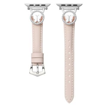 Leather Strap Apple Watch Series 10 42mm Rhinestone Butterfly Band - Beige+Silver Buckle