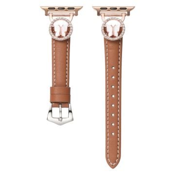 Leather Strap Apple Watch Series 10 42mm Rhinestone Butterfly Band - Brown+Rose Gold Buckle