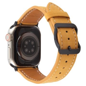 Watch Band Apple Watch Series 10 42mm Checkered Pattern Day-Shaped Buckle Leather Strap - Yellow