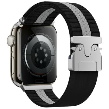 KALEBOL Nylon Watch Band Apple Watch Series 10 42mm Parachute Buckle Strap - Black+White / Single Stripe