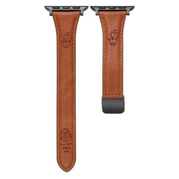 Leather Strap Apple Watch Series 10 42mm Watch Band Cartoon Cat Design - Brown