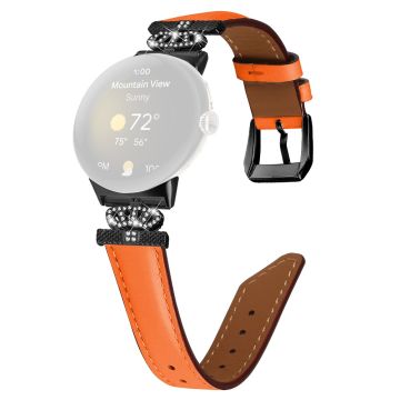 Svart klockarmband med spänne Google Pixel Watch / Pixel Watch 2 Äkta läderarmband i koskinn med kronan Rhinestone - Orange