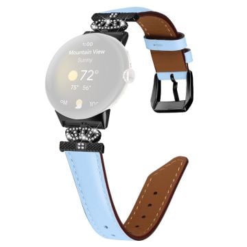 Svart klockarmband med spänne Google Pixel Watch / Pixel Watch 2 Äkta läderarmband i koskinn med kronan Rhinestone - Blå