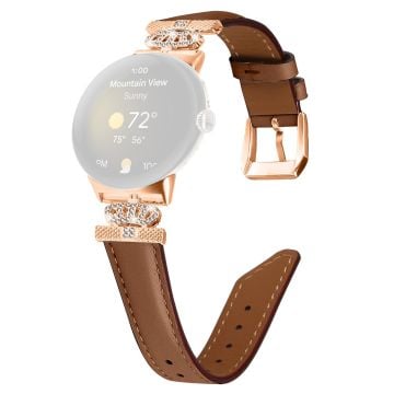 Klockarmband med roséguldspänne Google Pixel Watch / Pixel Watch 2 Crown Rhinestone äkta koskinnsläderarmband - Brun