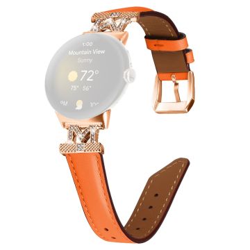 Google Pixel Watch / Pixel Watch 2 Rose Gold Spänne Äkta Cowhide Läder Justerbart klockarmband med M-formad Rhinestone Dekor - Orange