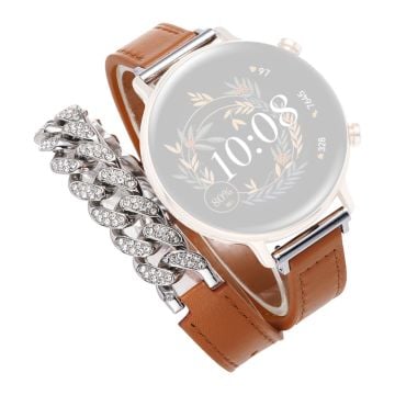 22mm Universal Smart Watch-armband Bling Rhinestone äkta ko-läder och kedja ersättningsarmband - Brun