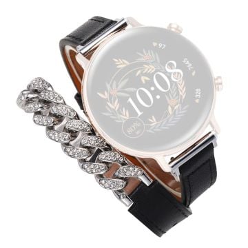 22mm Universal Smart Watch-armband Bling Rhinestone äkta ko-läder och kedja ersättningsarmband - Svart