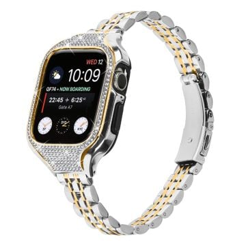 Apple Watch Series 7 / 8 / 9 41mm ersättningsarmband i rostfritt stål med 7 pärlor och klockfodral - Skarvning I Guld